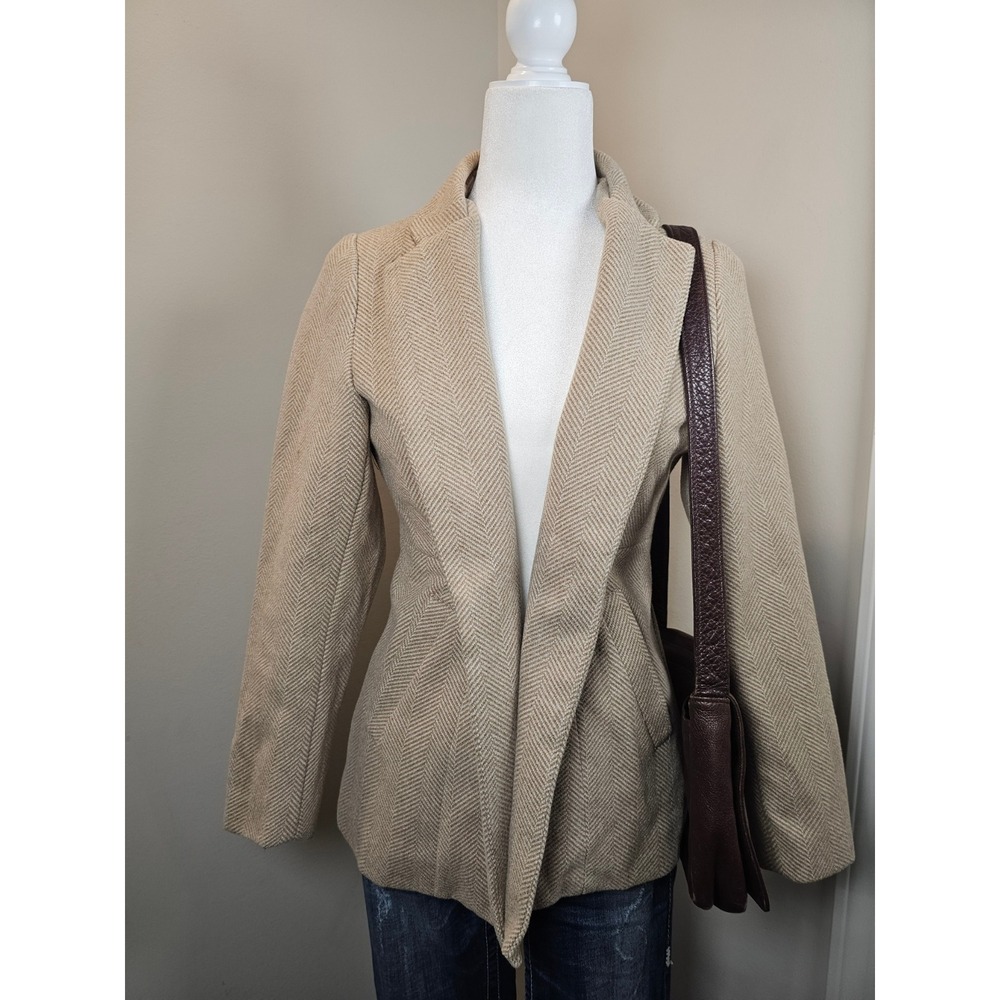 Chouyatou Womens Herringbone Blazer Jacket Tan Cream Chevron Open Front Small